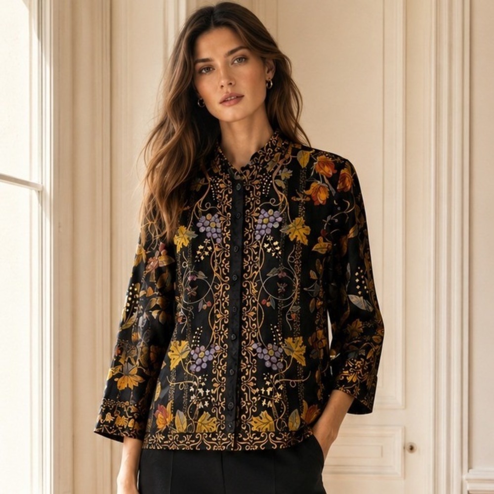 Citron Black Floral Garden Button Up Jacket Linen Art to Wear Whimsygoth Small